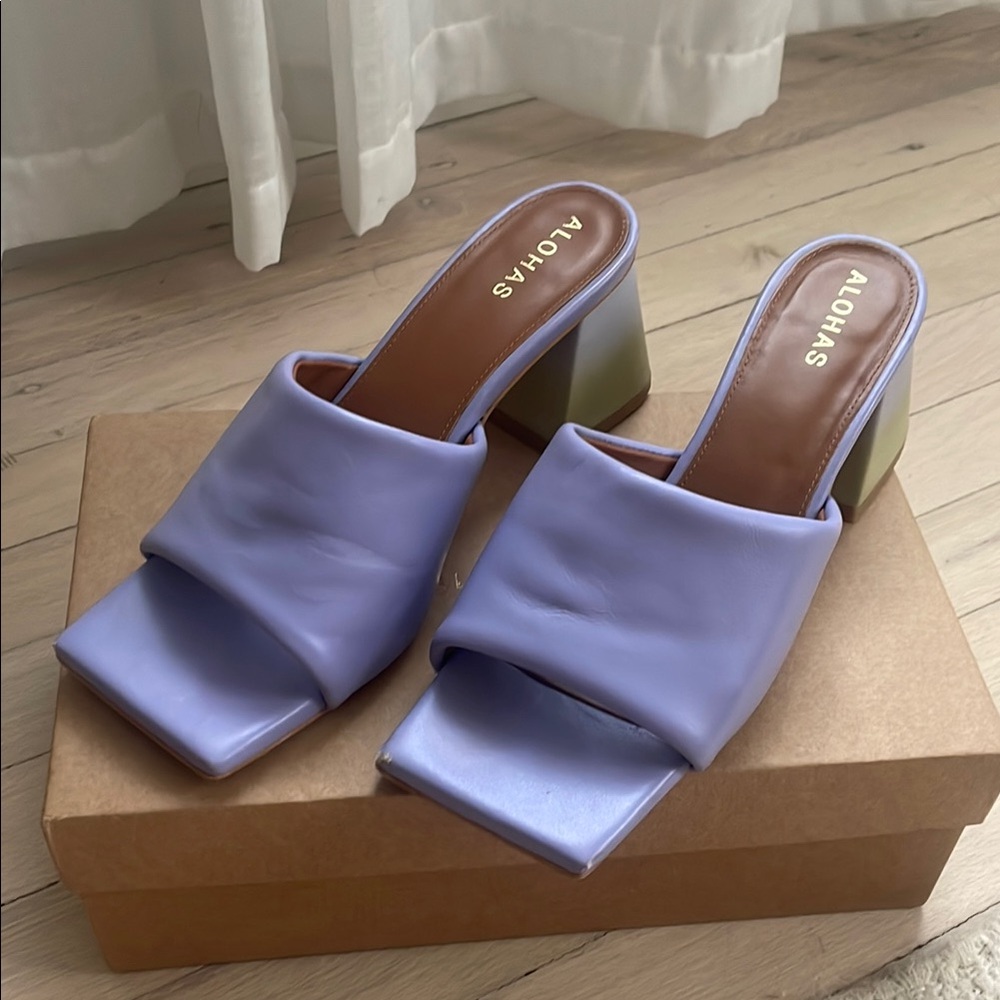 ALOHAS Lavender and Olive Block Heel Mules